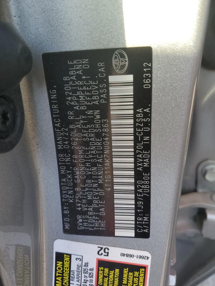 2022 TOYOTA CAMRY SE VIN:4T1G11AK7NU047863