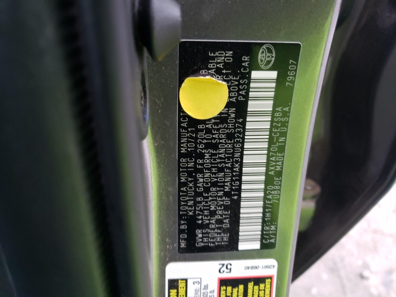 2022 TOYOTA CAMRY SE VIN:4T1G11AK3NU632374