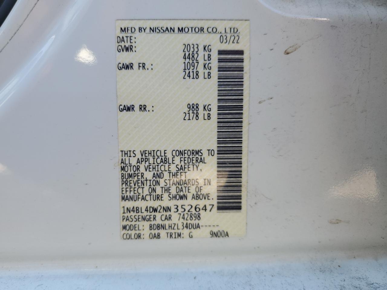 2022 NISSAN ALTIMA SV VIN:1N4BL4DW2NN352647