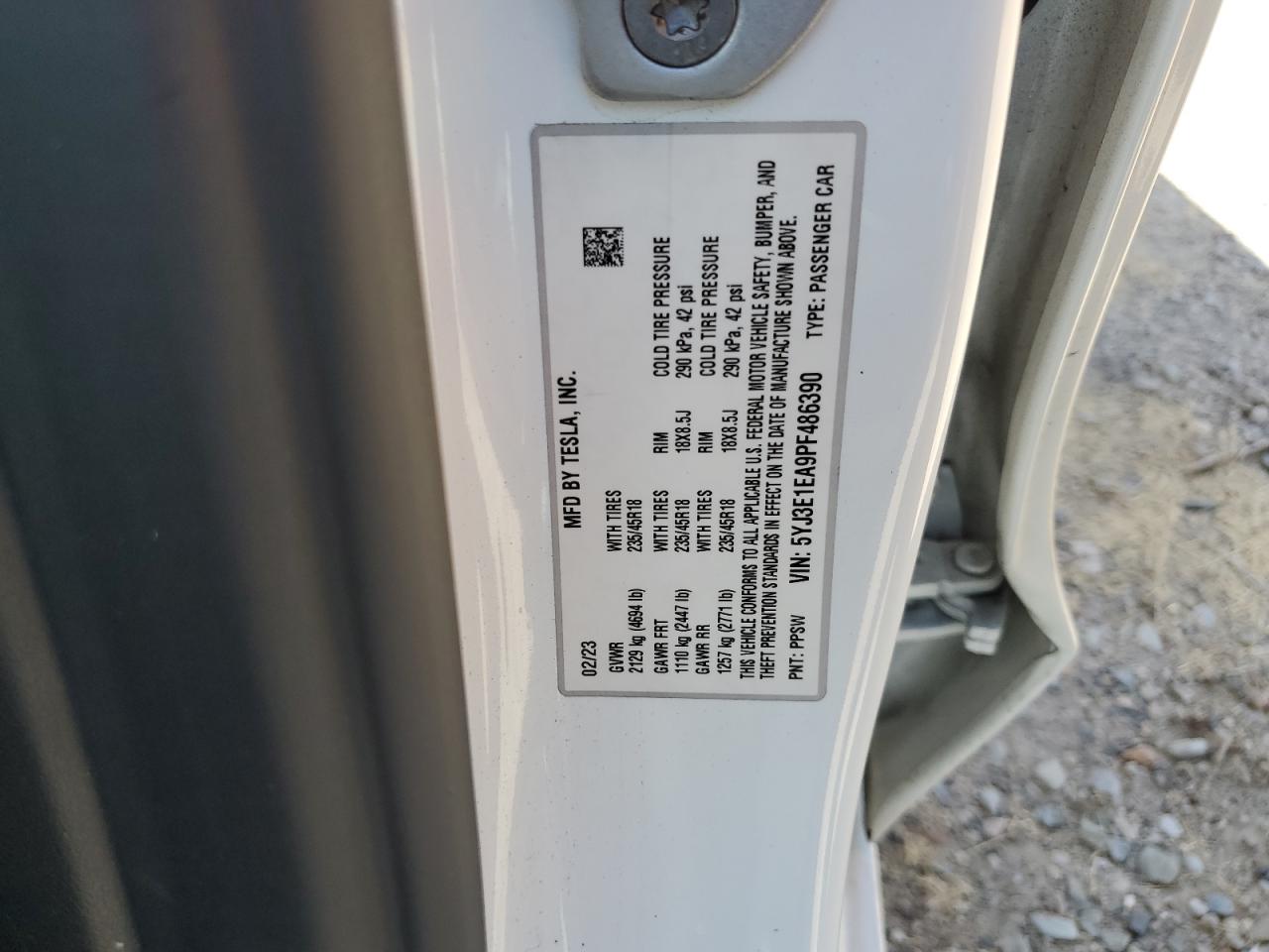 2023 TESLA MODEL 3 VIN:5YJ3E1EA9PF486390