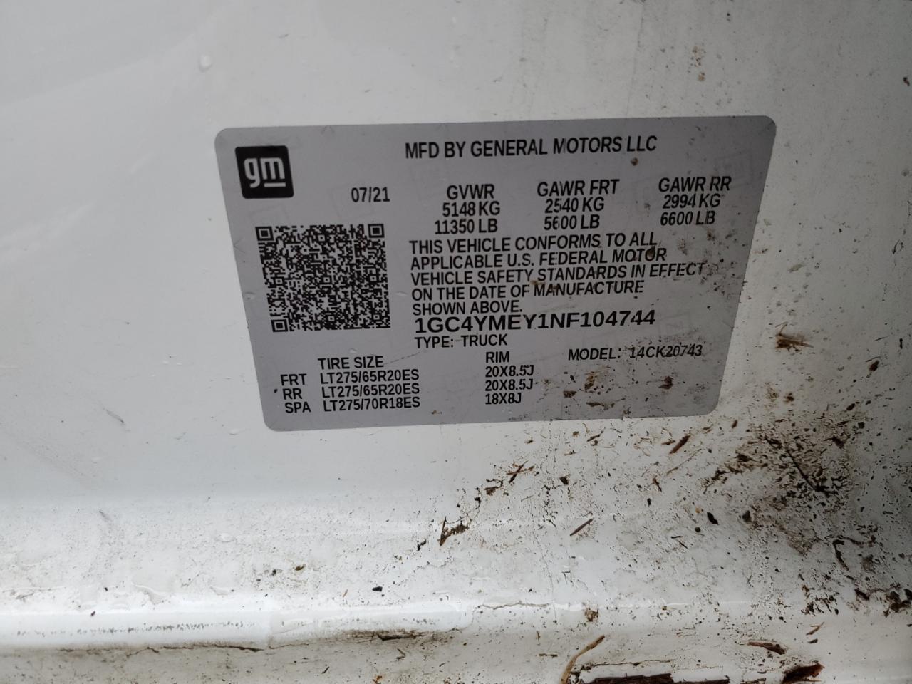 2022 CHEVROLET SILVERADO K2500 CUSTOM VIN:1GC4YMEY1NF104744