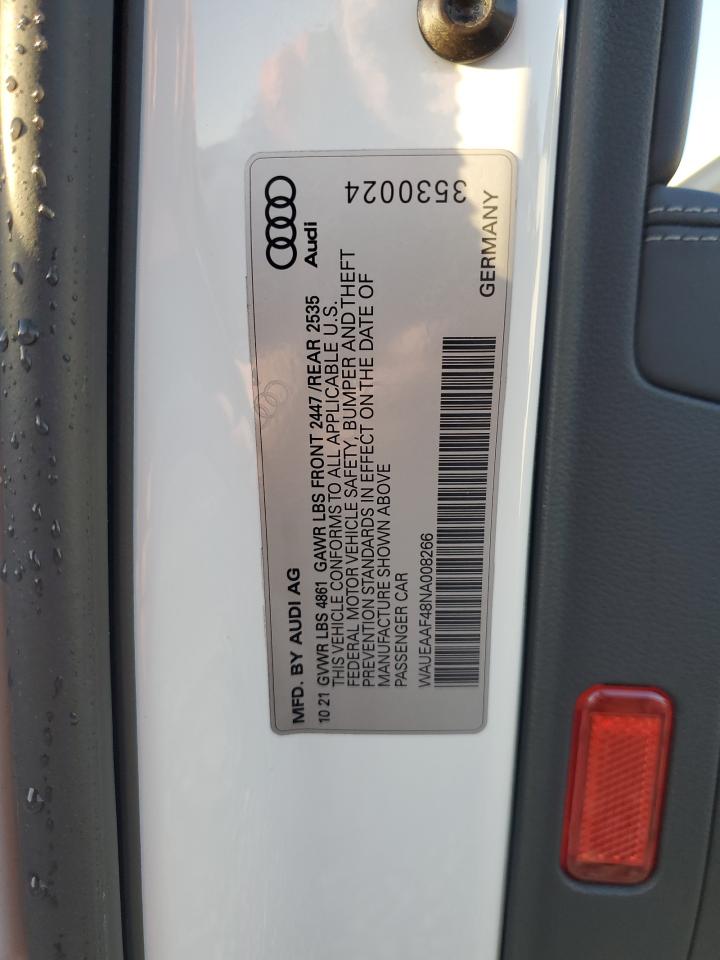 2022 AUDI A4 PREMIUM PLUS 45 VIN:WAUEAAF48NA008266