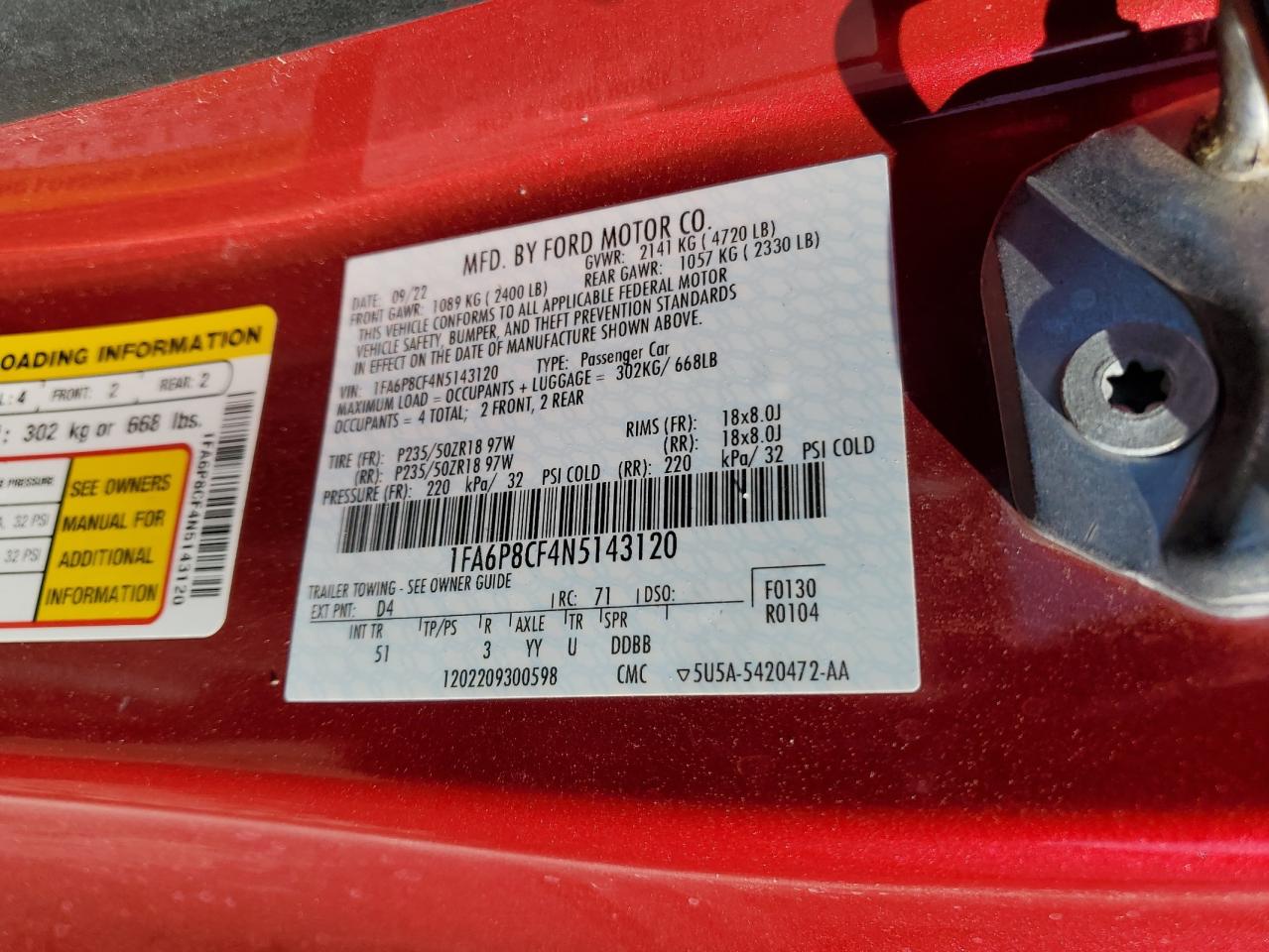 2022 FORD MUSTANG GT VIN:1FA6P8CF4N5143120