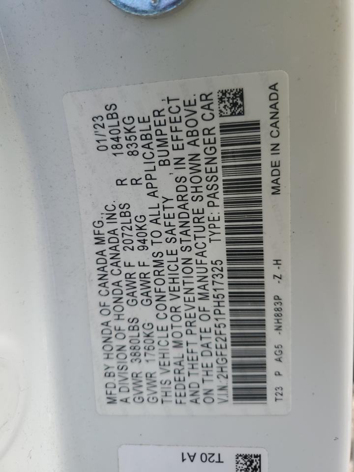 2023 HONDA CIVIC SPORT VIN:2HGFE2F51PH517325