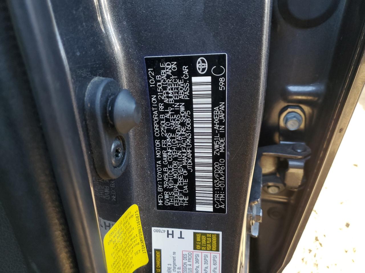 2022 TOYOTA PRIUS NIGHT SHADE VIN:JTDKAMFU9N3160875