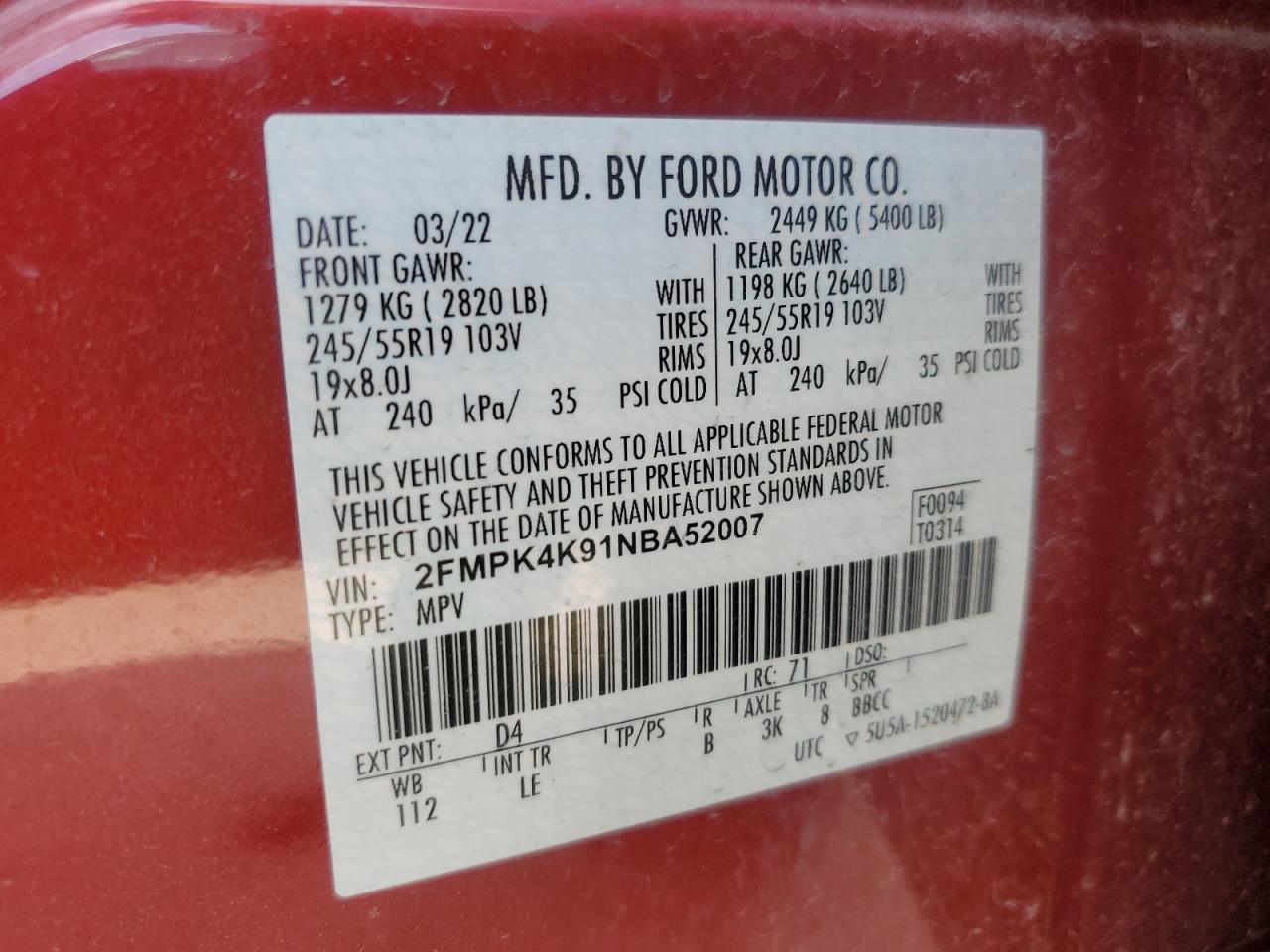 2022 FORD EDGE TITANIUM VIN:WP0AA2A8XNS255297