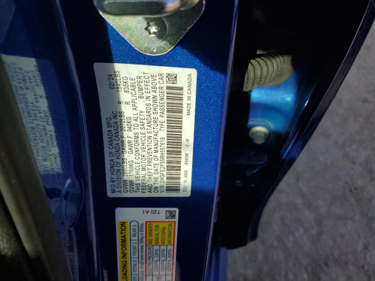 2024 HONDA CIVIC SPORT VIN:2HGFE2F55RH557619