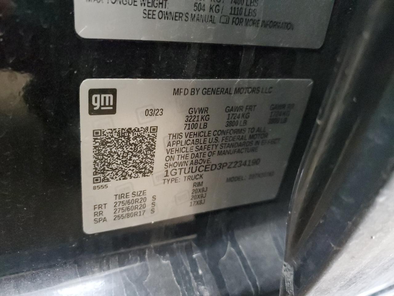 2023 GMC SIERRA K1500 ELEVATION VIN:1GTUUCED3PZ234190