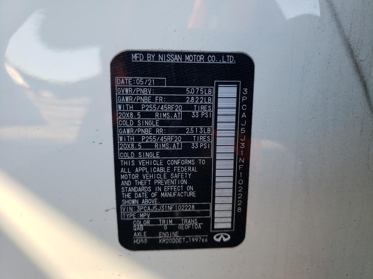 2022 INFINITI QX55 LUXE VIN:3PCAJ5J31NF102228