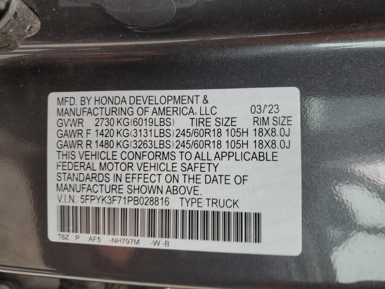 2023 HONDA RIDGELINE RTL-E VIN:5FPYK3F71PB028816