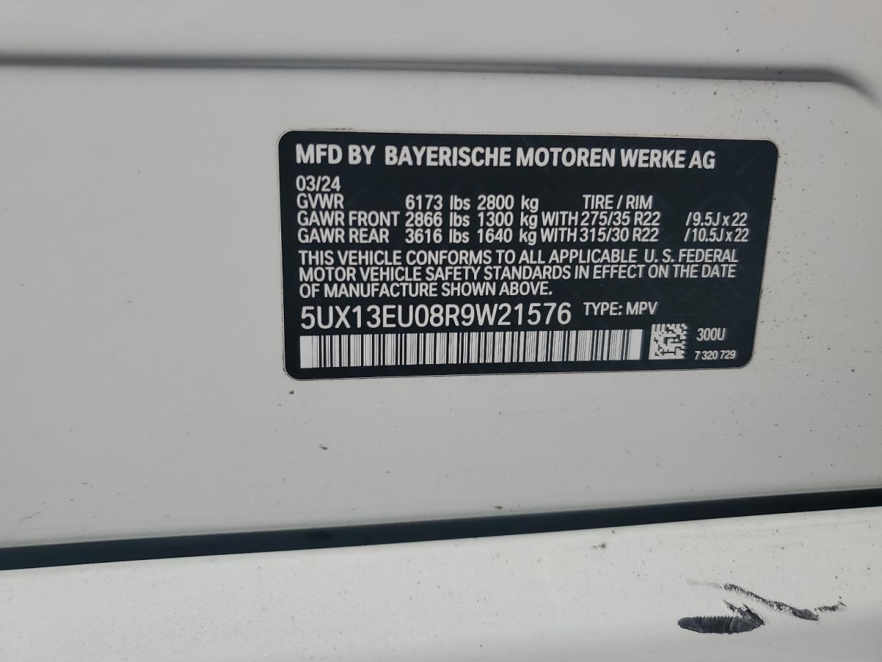 2024 BMW X5 SDRIVE 40I VIN:5UX13EU08R9W21576