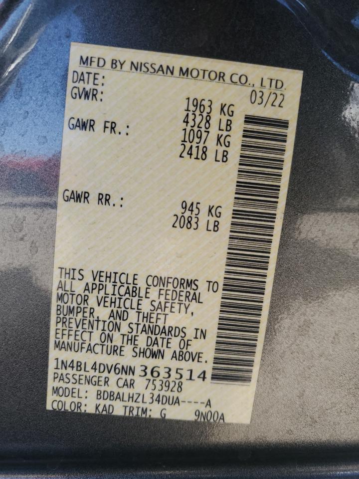 2022 NISSAN ALTIMA SV VIN:1N4BL4DV6NN363514
