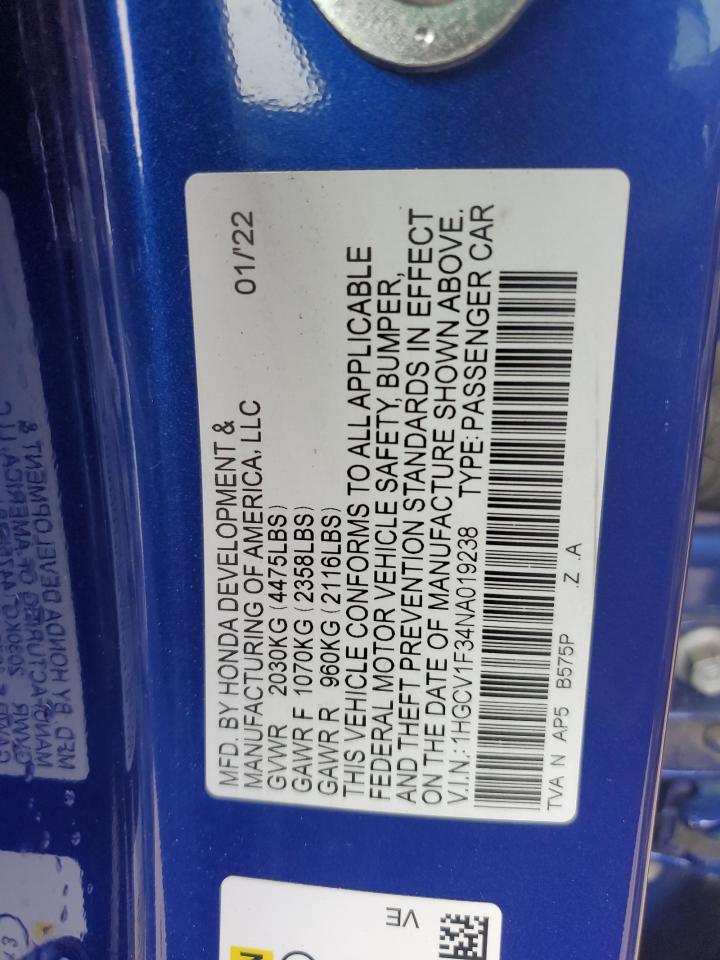 2022 HONDA ACCORD SPORT VIN:1HGCV1F34NA019238