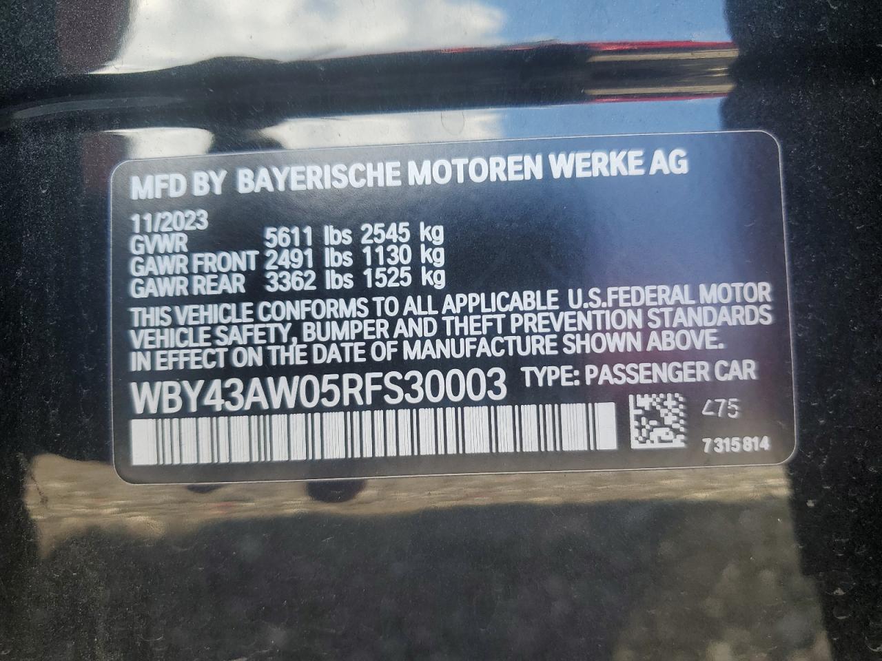 2024 BMW I4 EDRIVE 35 VIN:WBY43AW05RFS30003