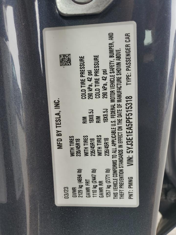 2023 TESLA MODEL 3 VIN:5YJ3E1EA5PF515318