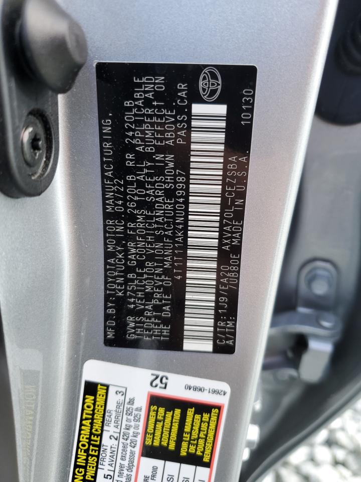 2022 TOYOTA CAMRY SE VIN:4T1T11AK4NU049987