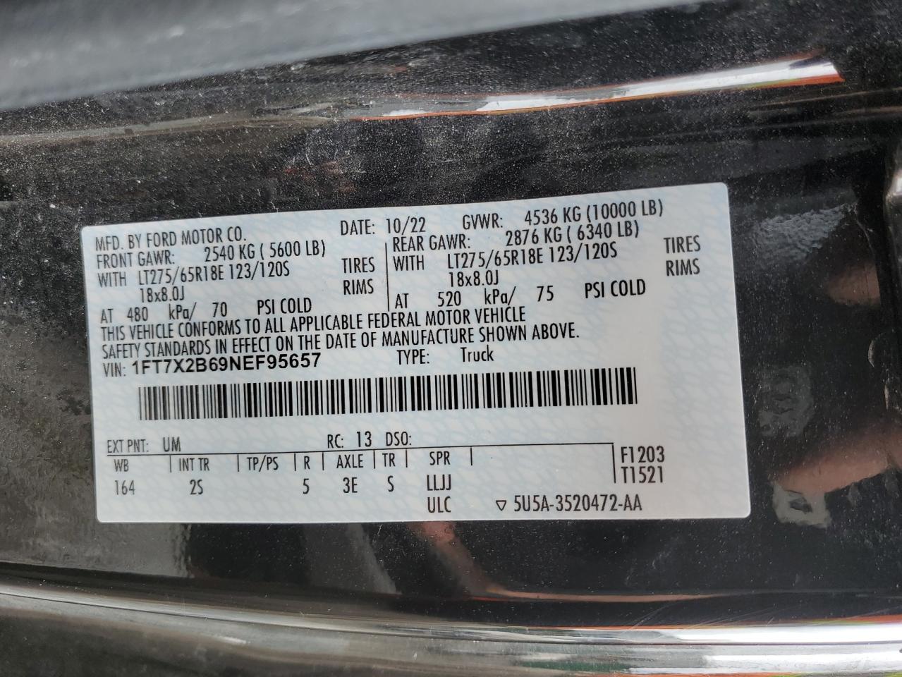 2022 FORD F250 SUPER DUTY VIN:1FT7X2B69NEF95657