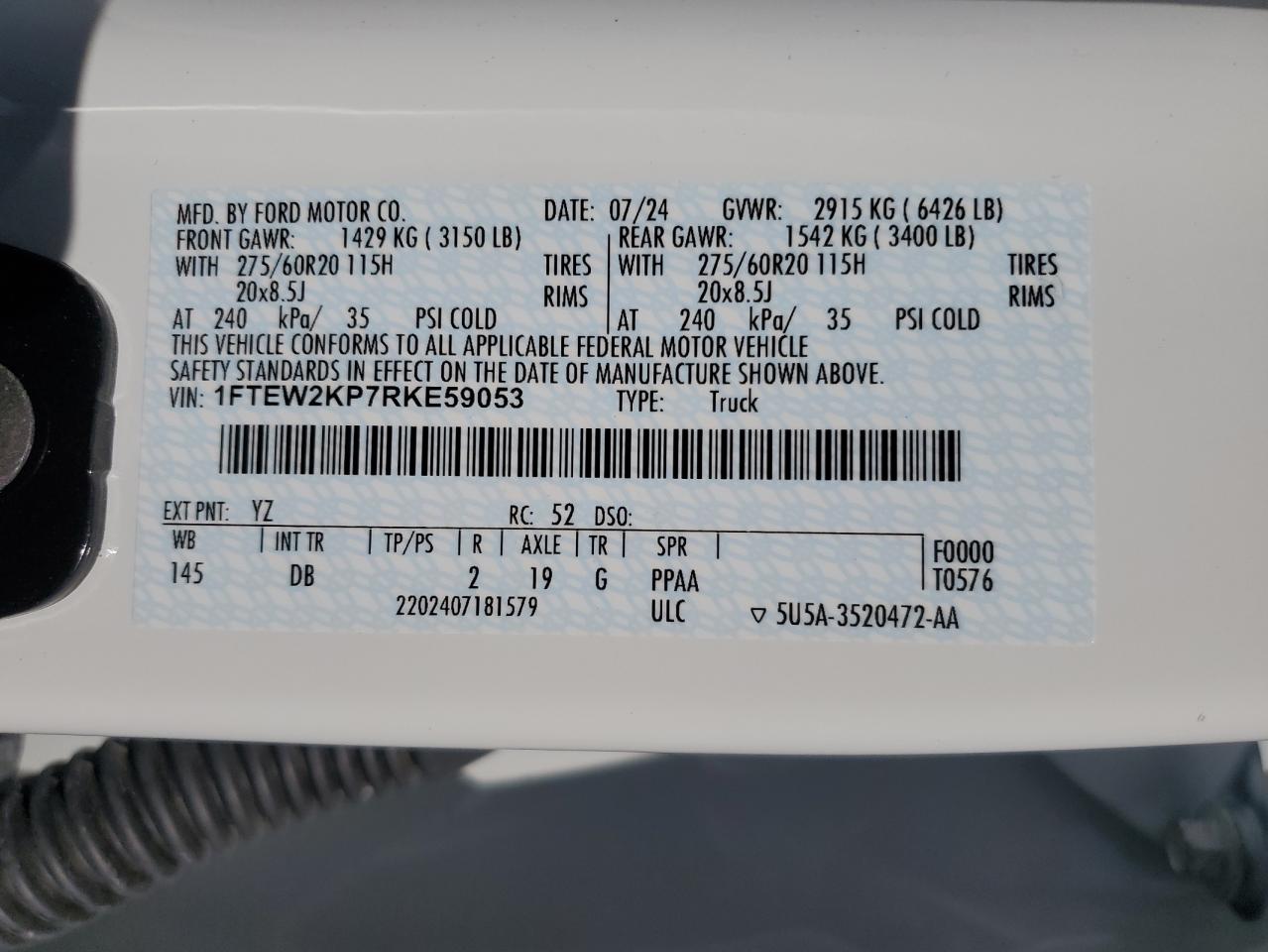 2024 FORD F150 STX VIN:1FTEW2KP7RKE59053