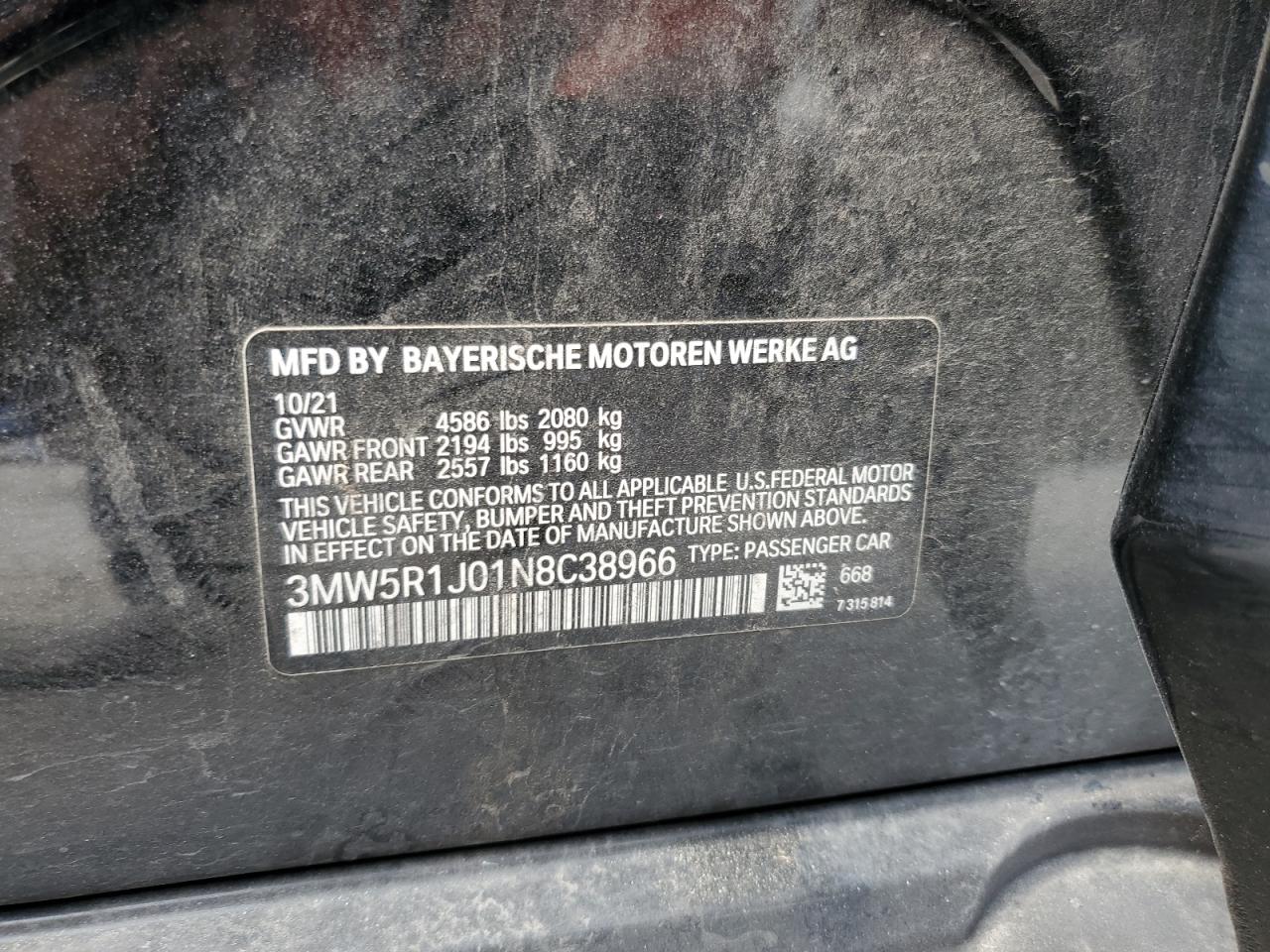 2022 BMW 330I VIN:3MW5R1J01N8C38966