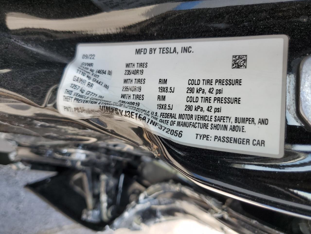 2022 TESLA MODEL 3 VIN:5YJ3E1EA1NF372056