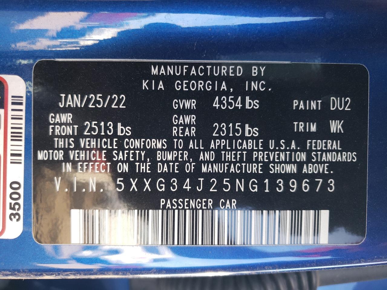 2022 KIA K5 EX VIN:5XXG34J25NG139673