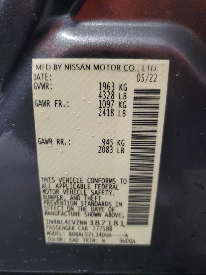 2022 NISSAN ALTIMA SR VIN:1N4BL4CV2NN387181