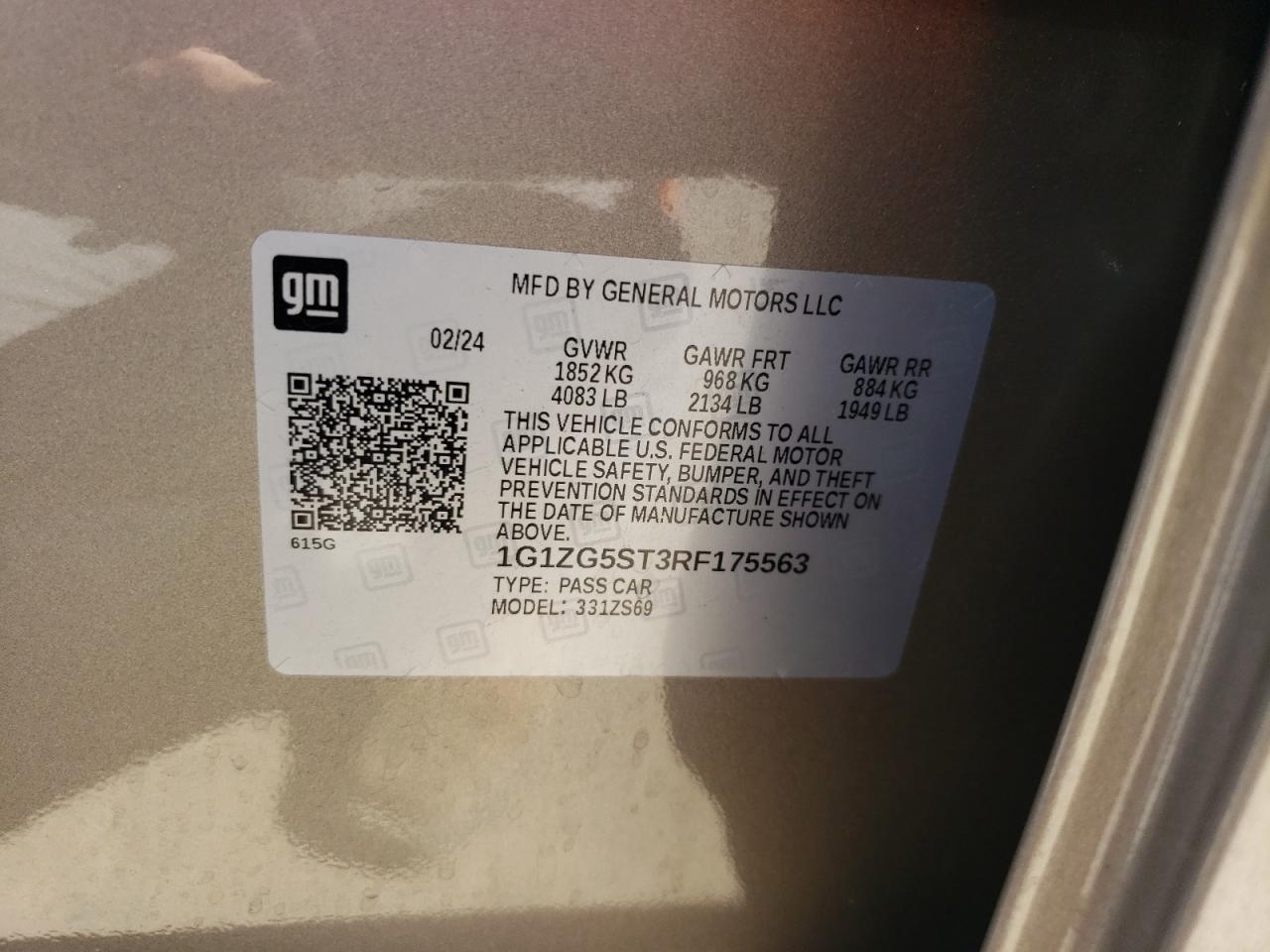 2024 CHEVROLET MALIBU RS VIN:1G1ZG5ST3RF175563