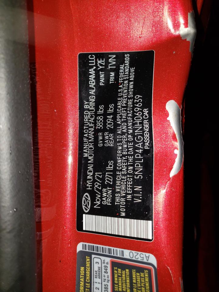 2022 HYUNDAI ELANTRA LIMITED VIN:5NPLP4AG1NH069639