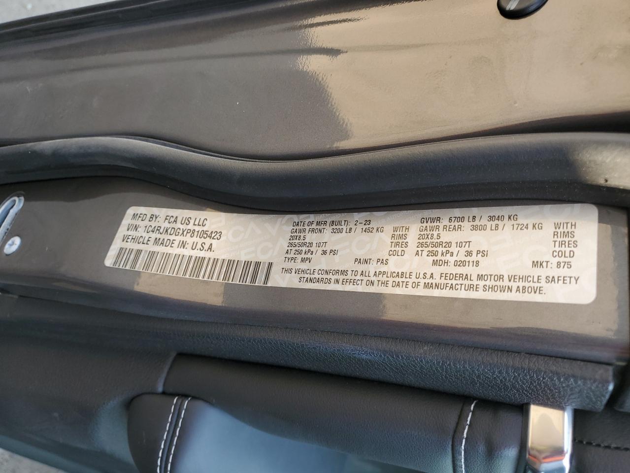 2023 JEEP GRAND CHEROKEE L OVERLAND VIN:1C4RJKDGXP8105423