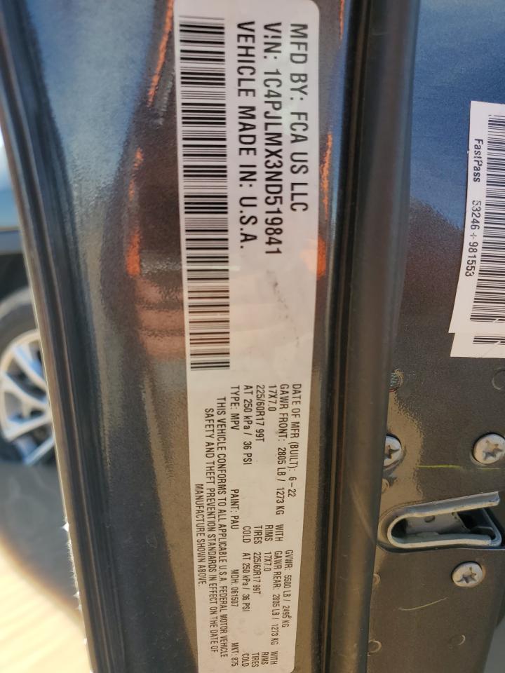 2022 JEEP CHEROKEE LATITUDE LUX VIN:1C4PJLMX3ND519841