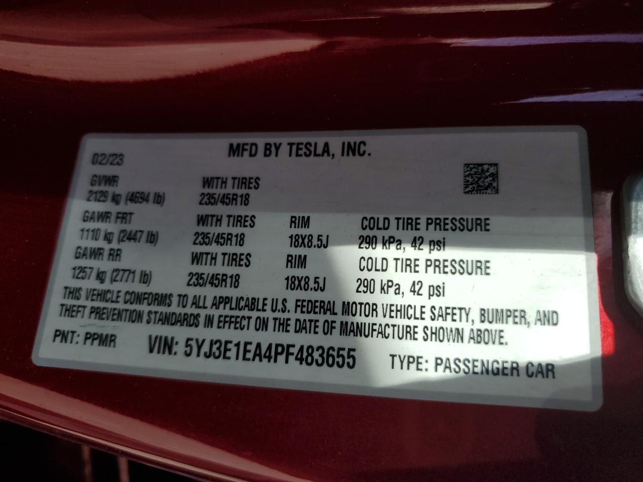 2023 TESLA MODEL 3 VIN:5YJ3E1EA4PF483655