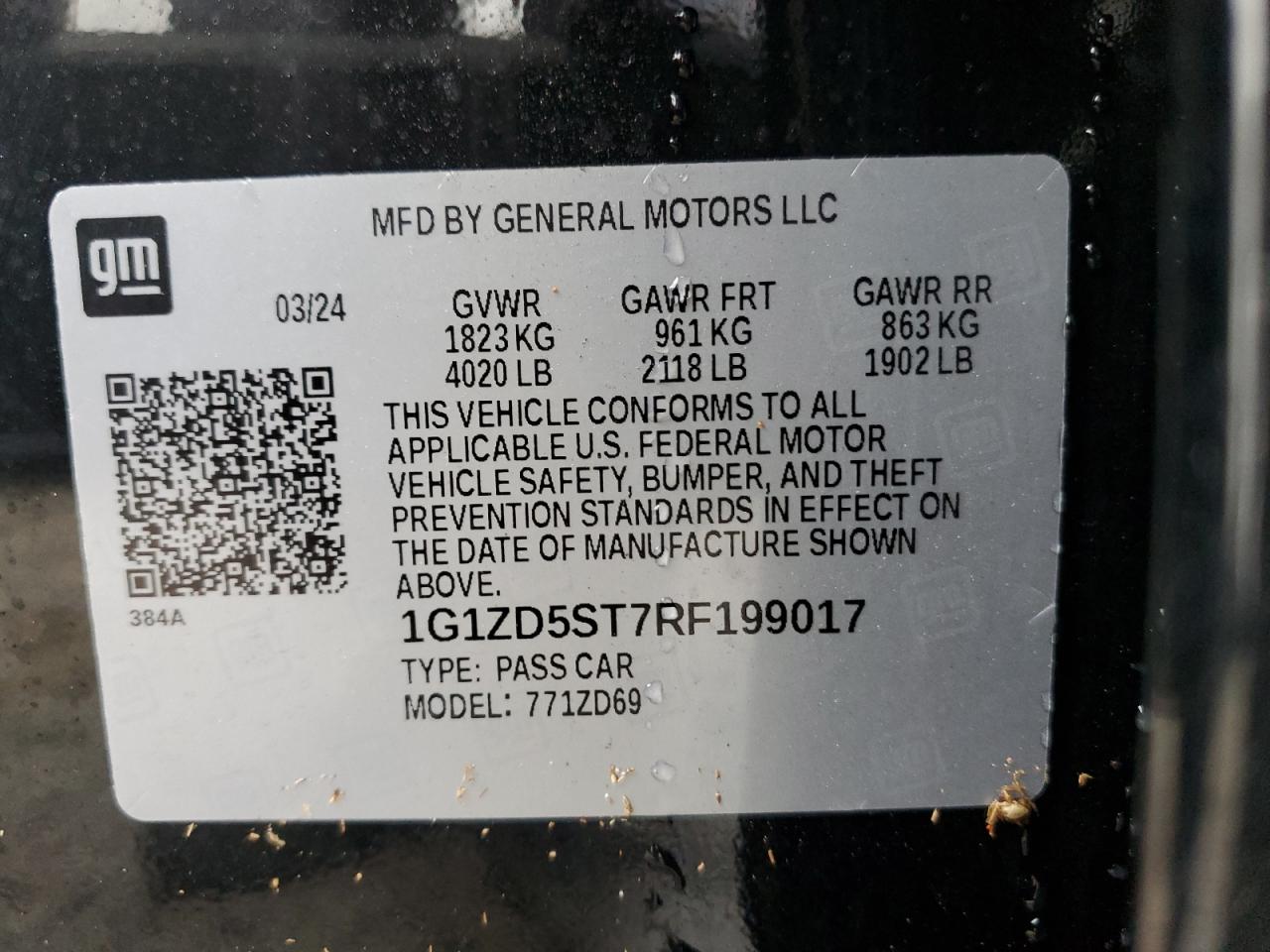 2024 CHEVROLET MALIBU LT VIN:1G1ZD5ST7RF199017