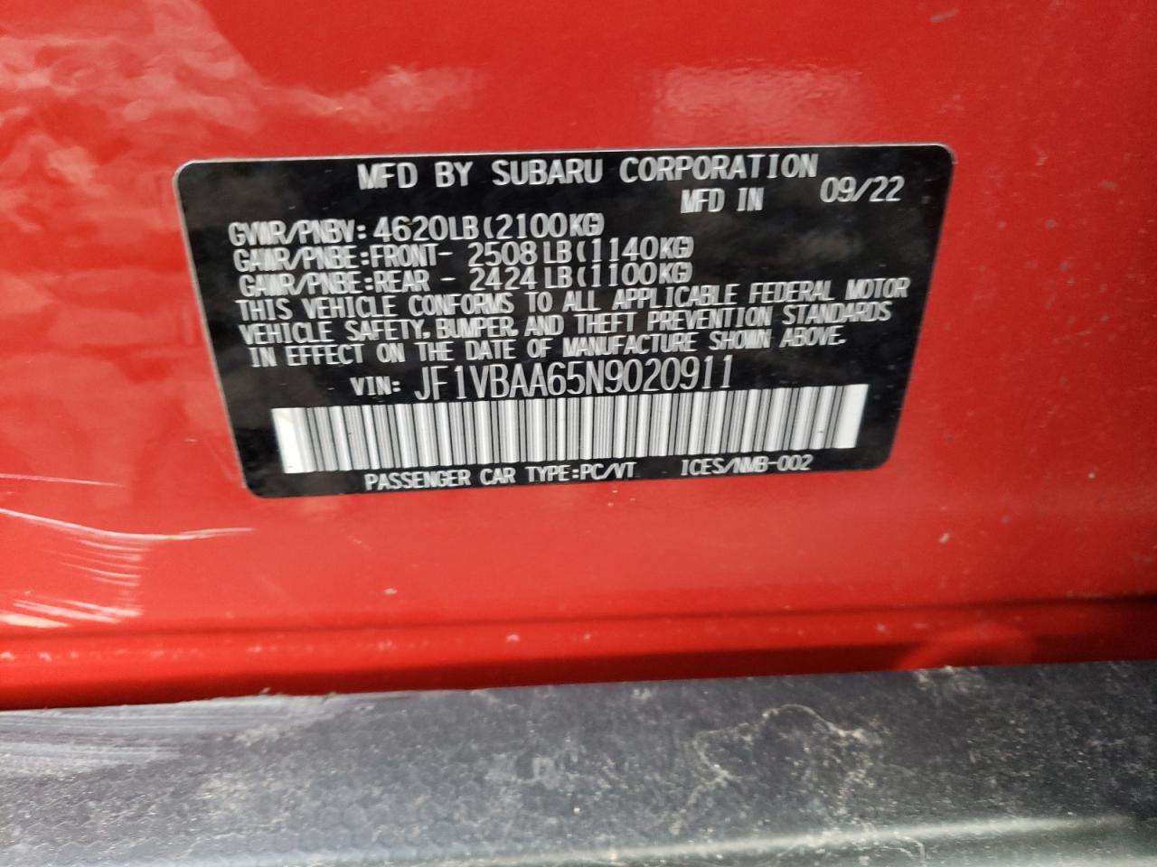 2022 SUBARU WRX VIN:JF1VBAA65N9020911
