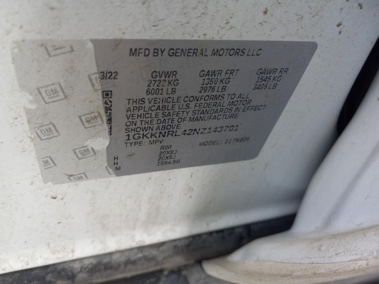 2022 GMC ACADIA SLE VIN:1GKKNRL42NZ143701