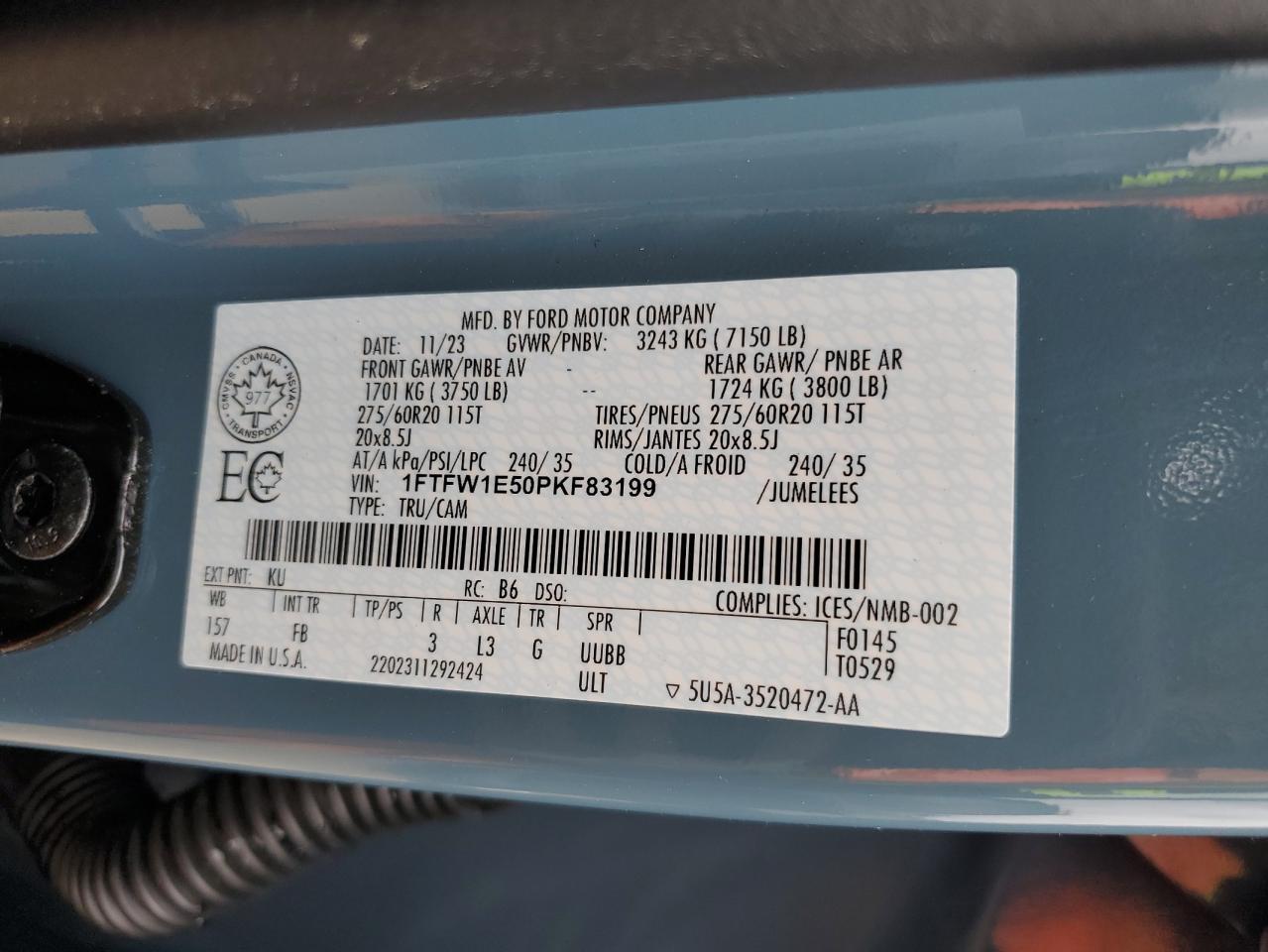 2023 FORD F150 SUPERCREW VIN:1FTFW1E50PKF83199