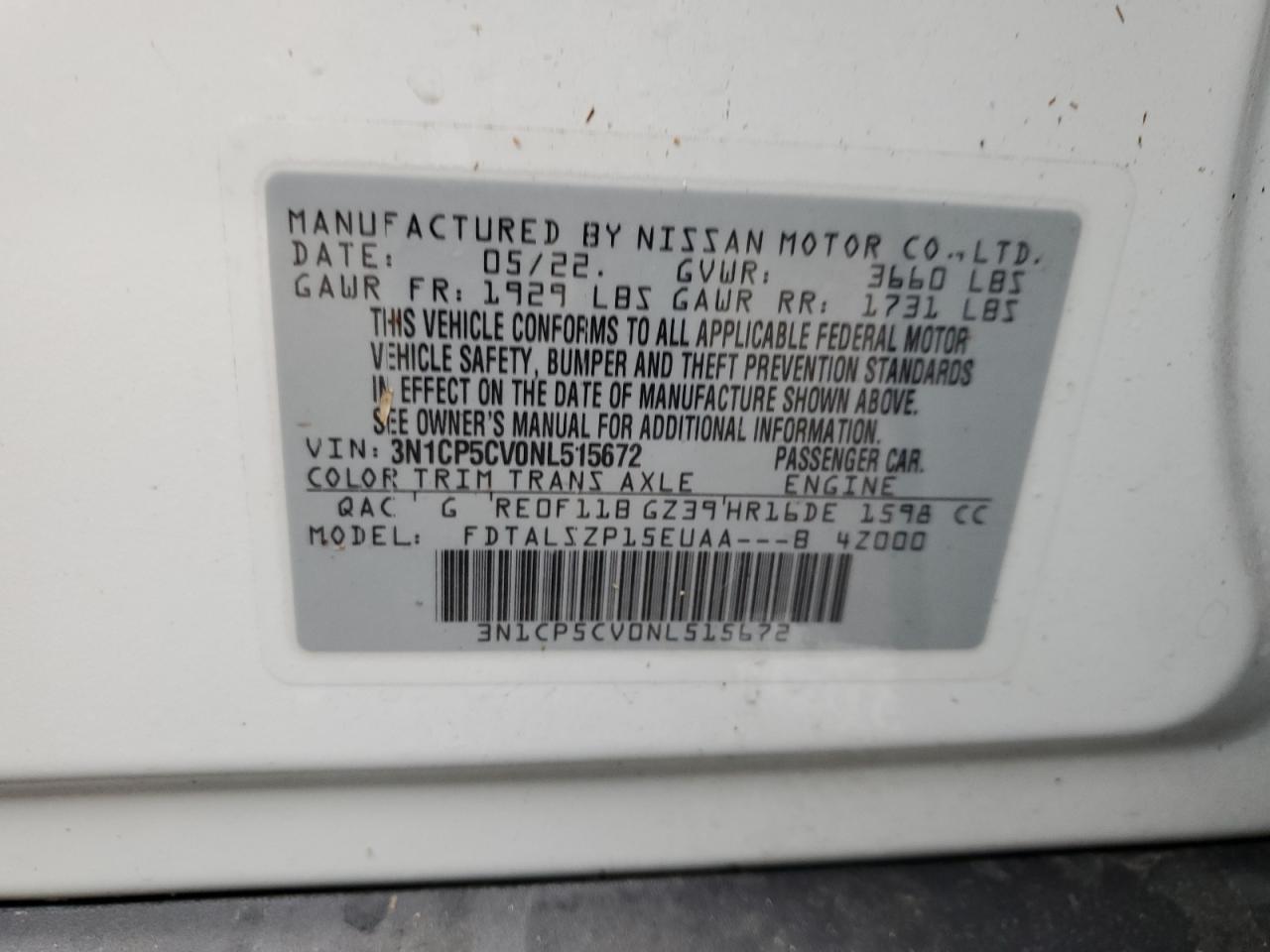 2022 NISSAN KICKS SV VIN:3N1CP5CV0NL515672