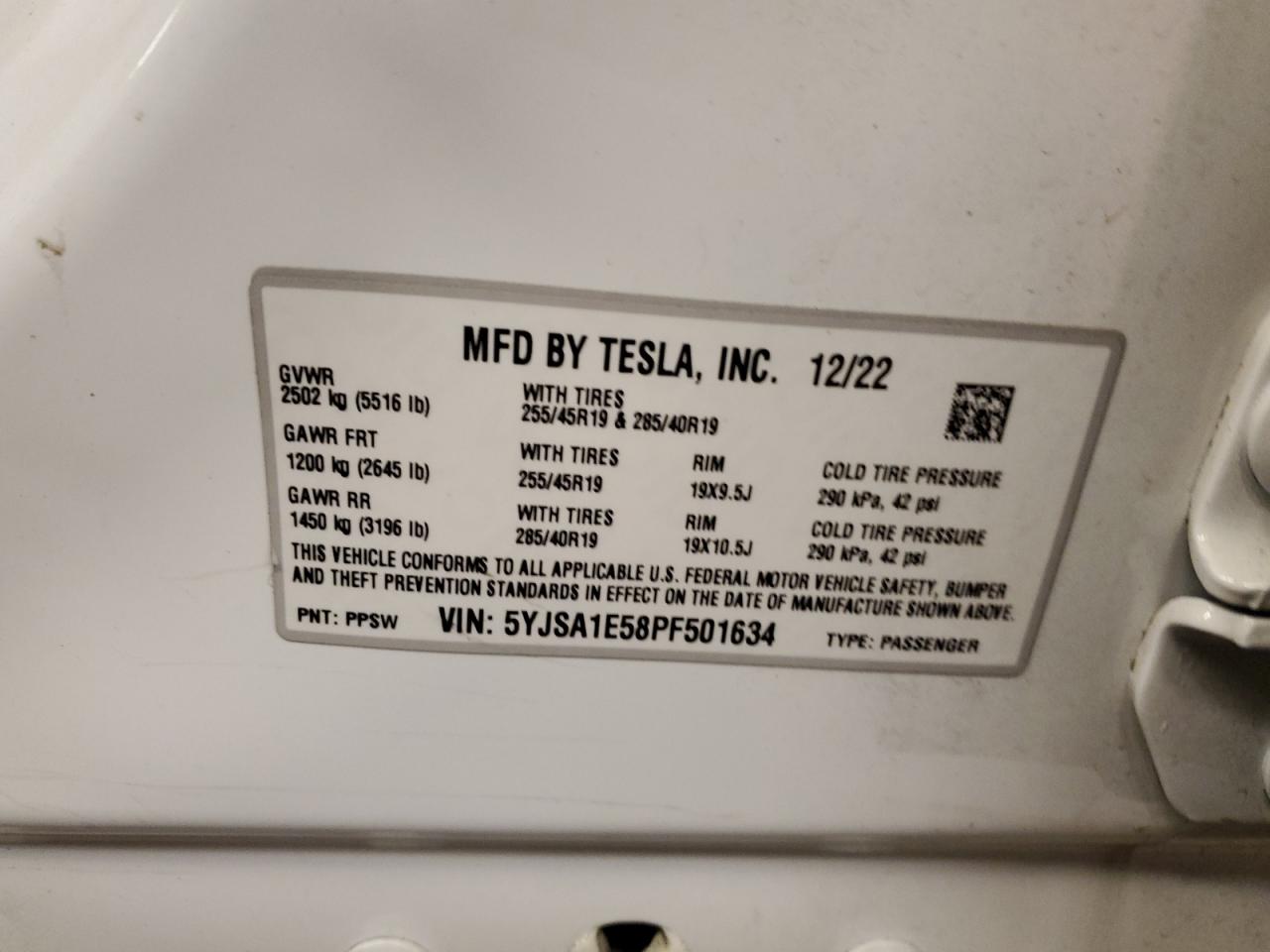 2023 TESLA MODEL S VIN:5YJSA1E58PF501634