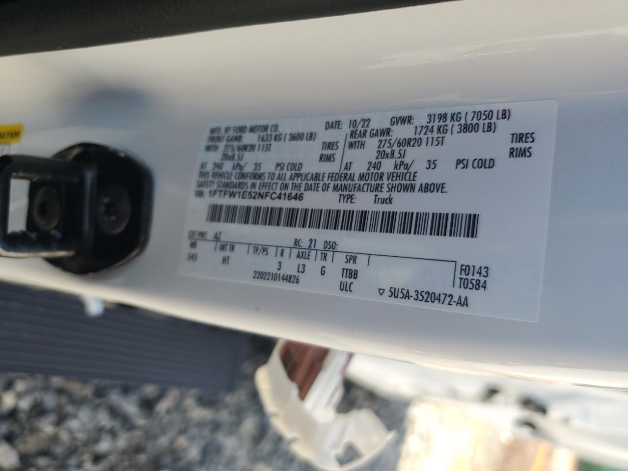 2022 FORD F150 SUPERCREW VIN:1FTFW1E52NFC41646