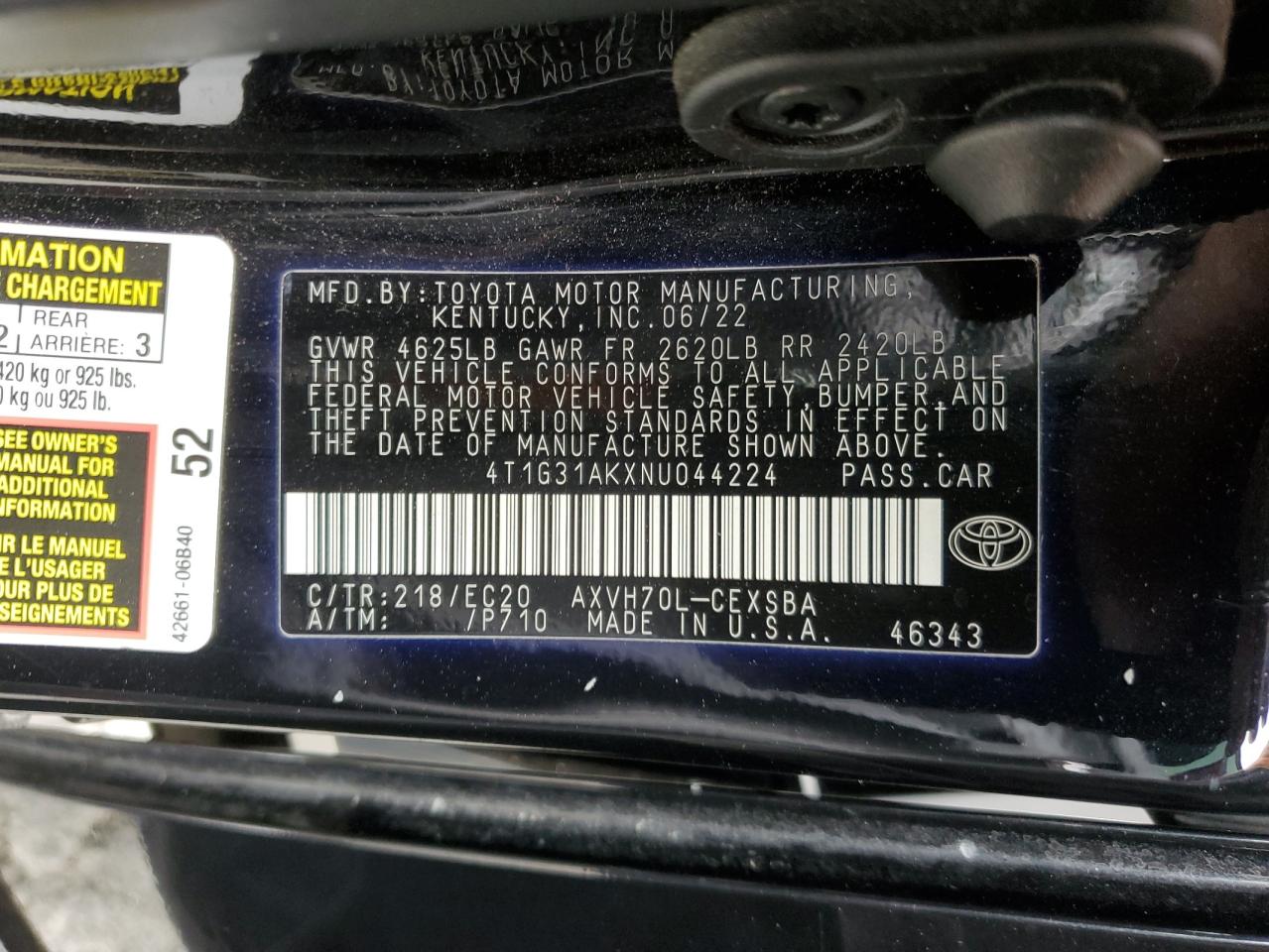 2022 TOYOTA CAMRY NIGHT SHADE VIN:4T1G31AKXNU044224