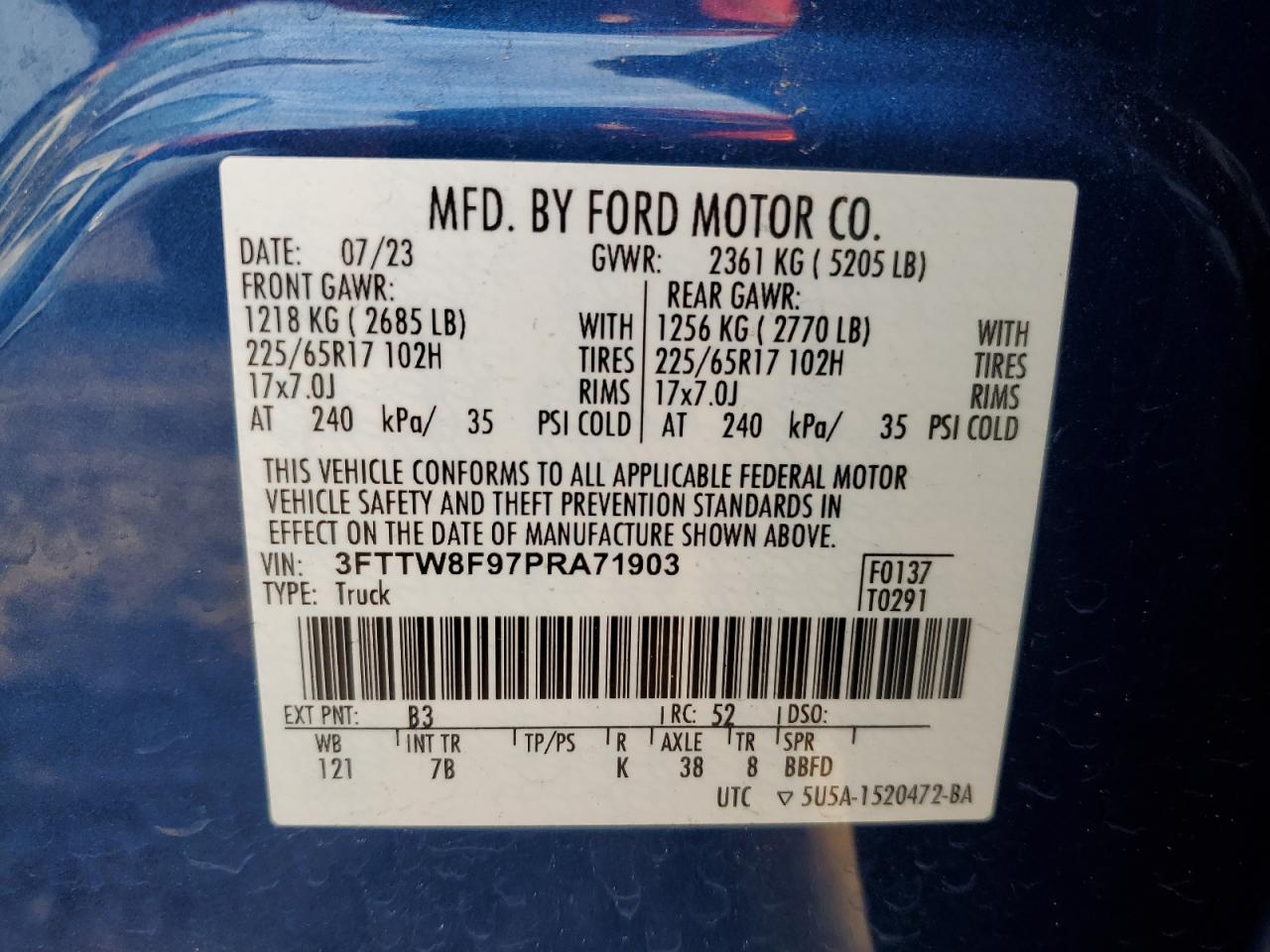 2023 FORD MAVERICK XL VIN:3FTTW8F97PRA71903