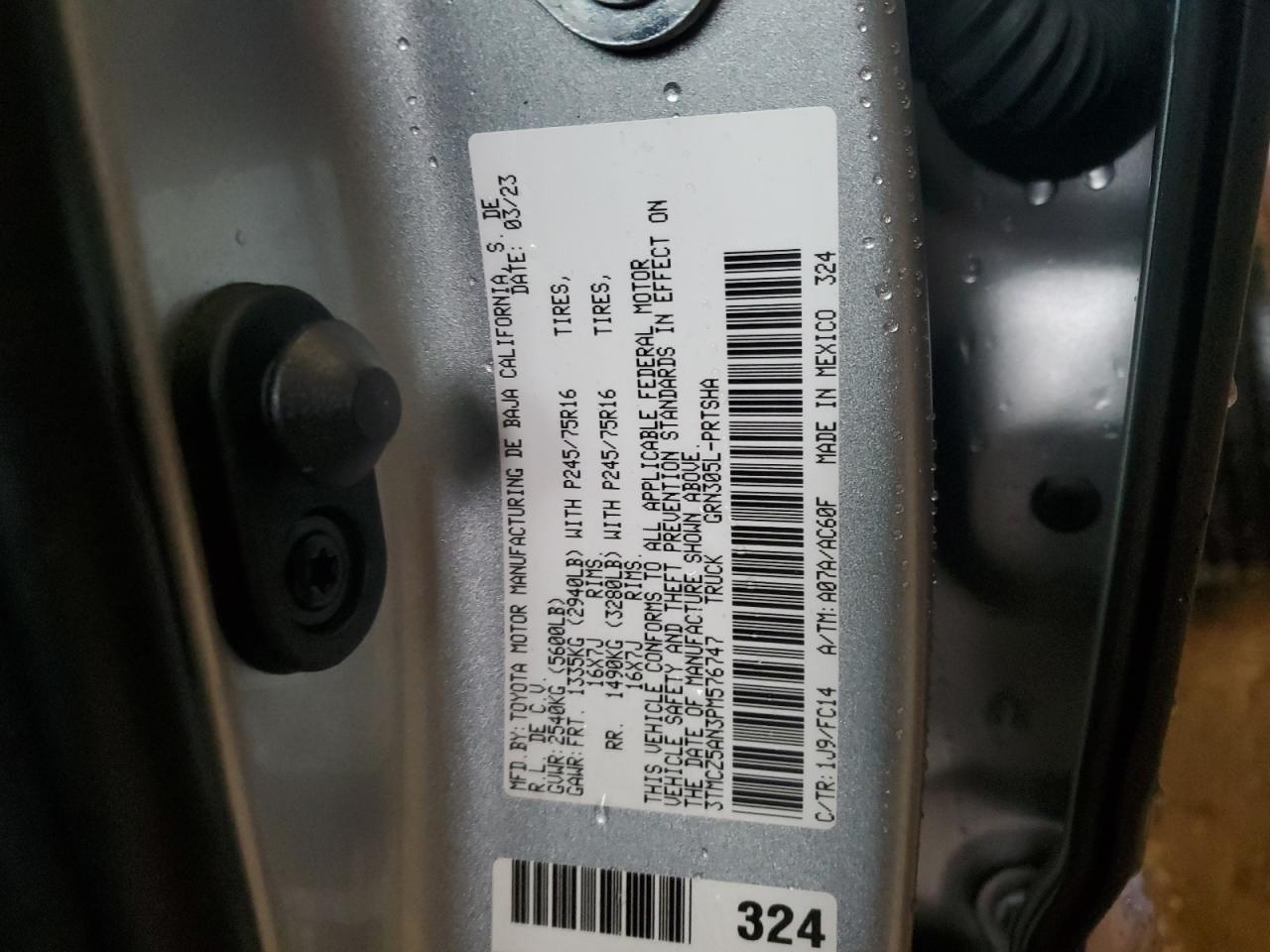 2023 TOYOTA TACOMA DOUBLE CAB VIN:3TMCZ5AN3PM576747