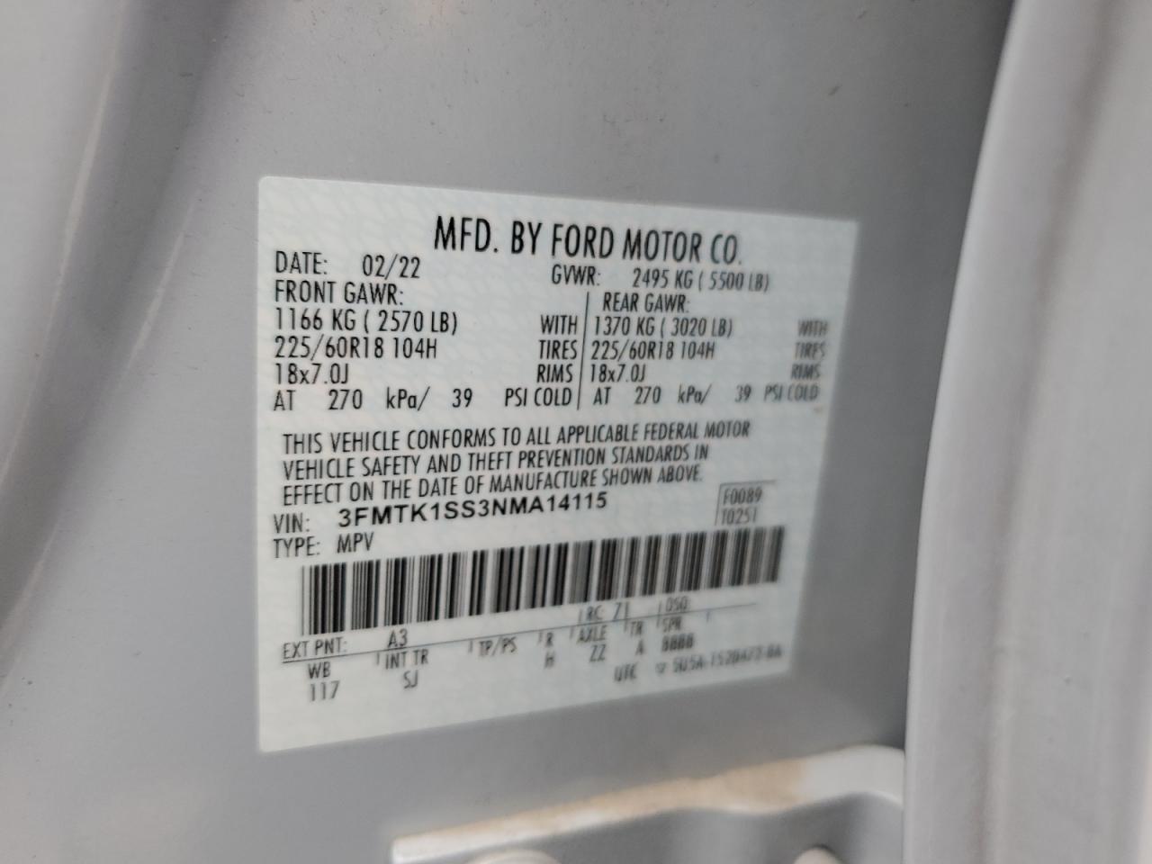 2022 FORD MUSTANG MACH-E SELECT VIN:3FMTK1SS3NMA14115