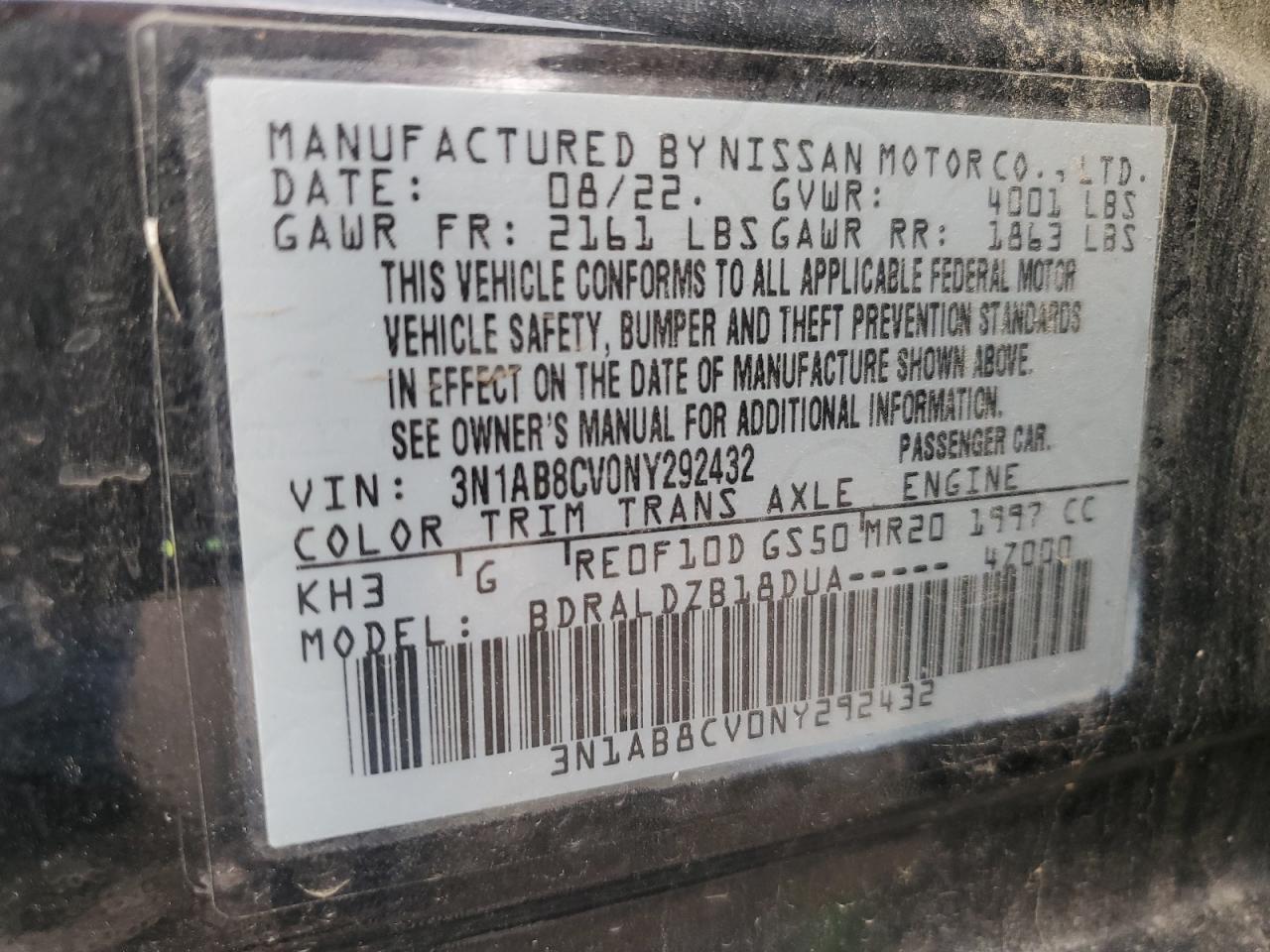 2022 NISSAN SENTRA SV VIN:3N1AB8CV0NY292432