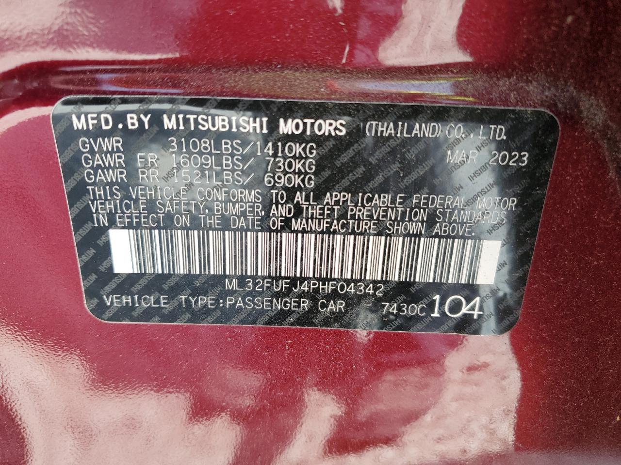 2023 MITSUBISHI MIRAGE G4 ES VIN:ML32FUFJ4PHF04342