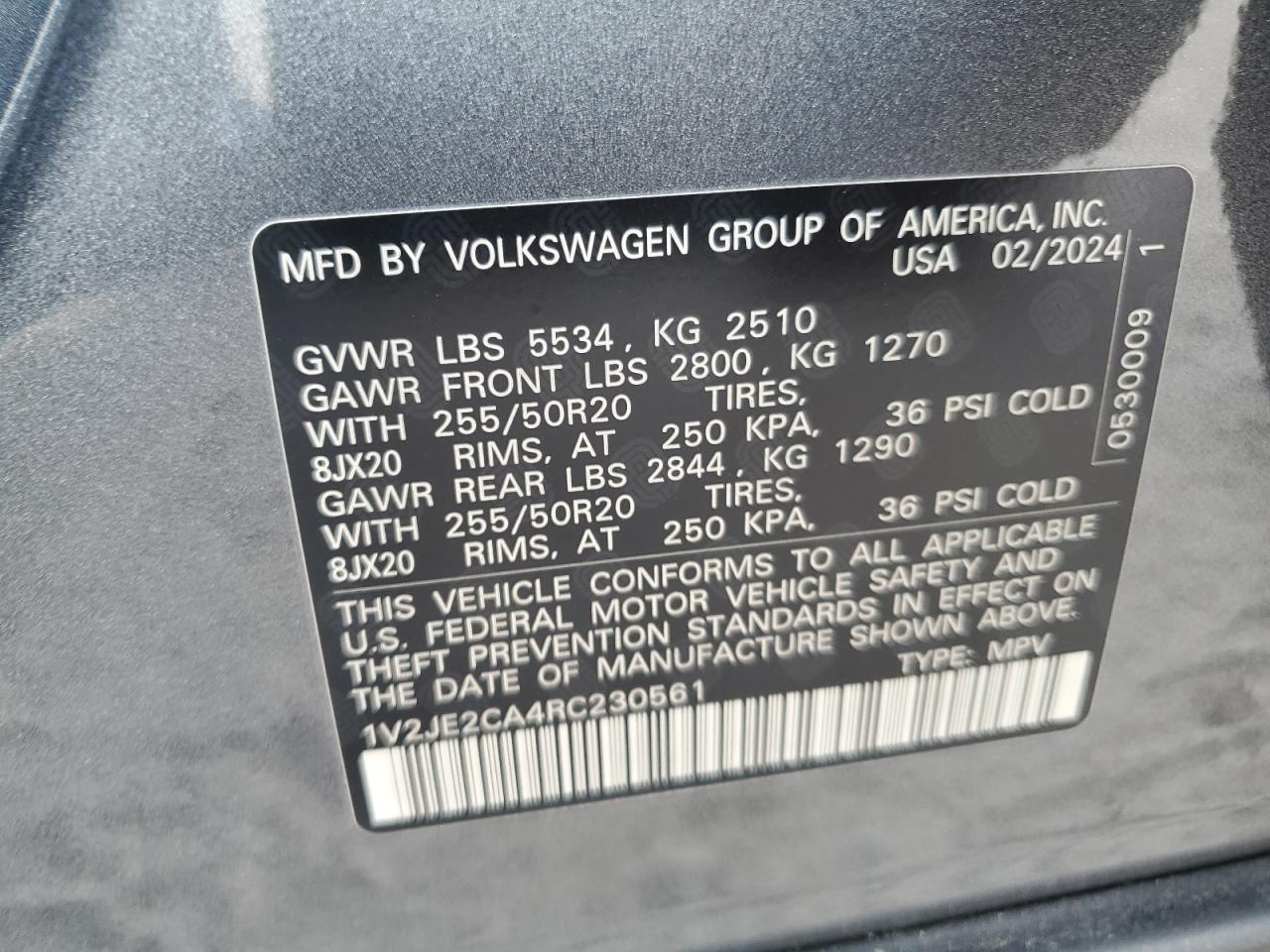 2024 VOLKSWAGEN ATLAS CROSS SPORT SE VIN:1V2JE2CA4RC230561