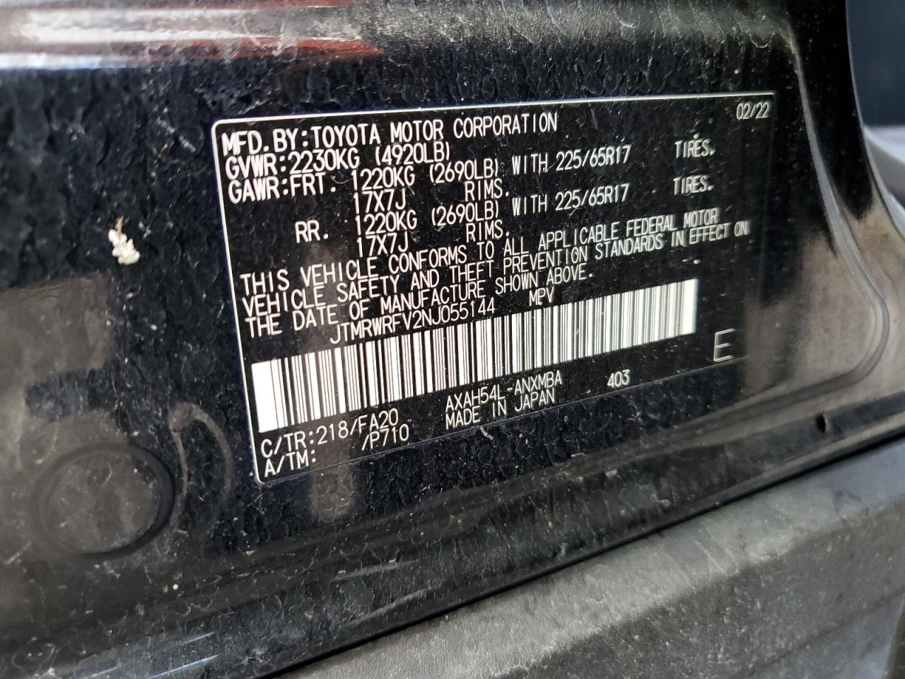 2022 TOYOTA RAV4 XLE VIN:JTMRWRFV2NJ055144