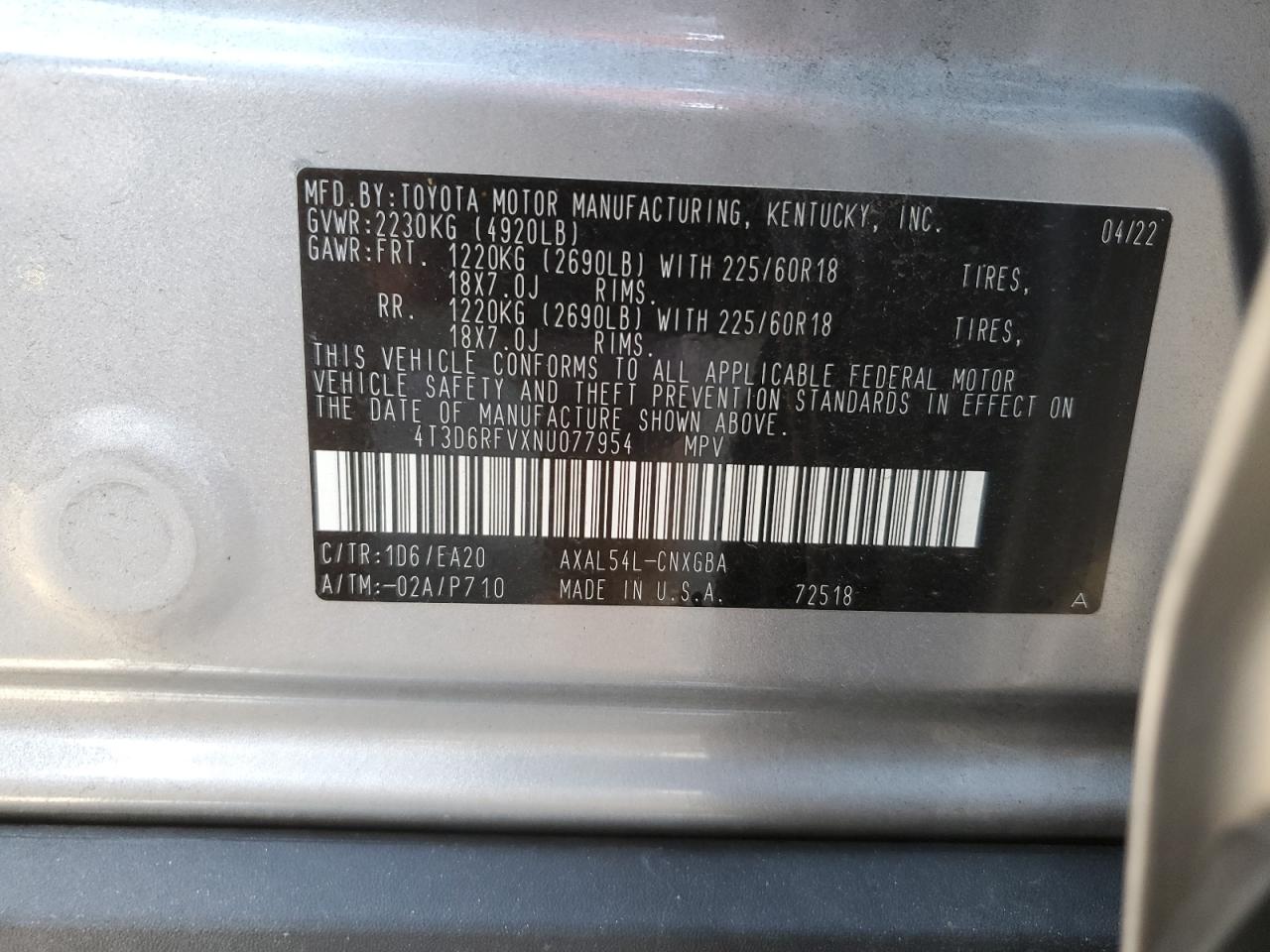 2022 TOYOTA RAV4 LIMITED VIN:4T3D6RFVXNU077954