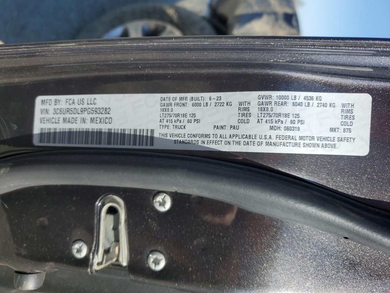 2023 RAM 2500 BIG HORN VIN:3C6UR5DL9PG593282