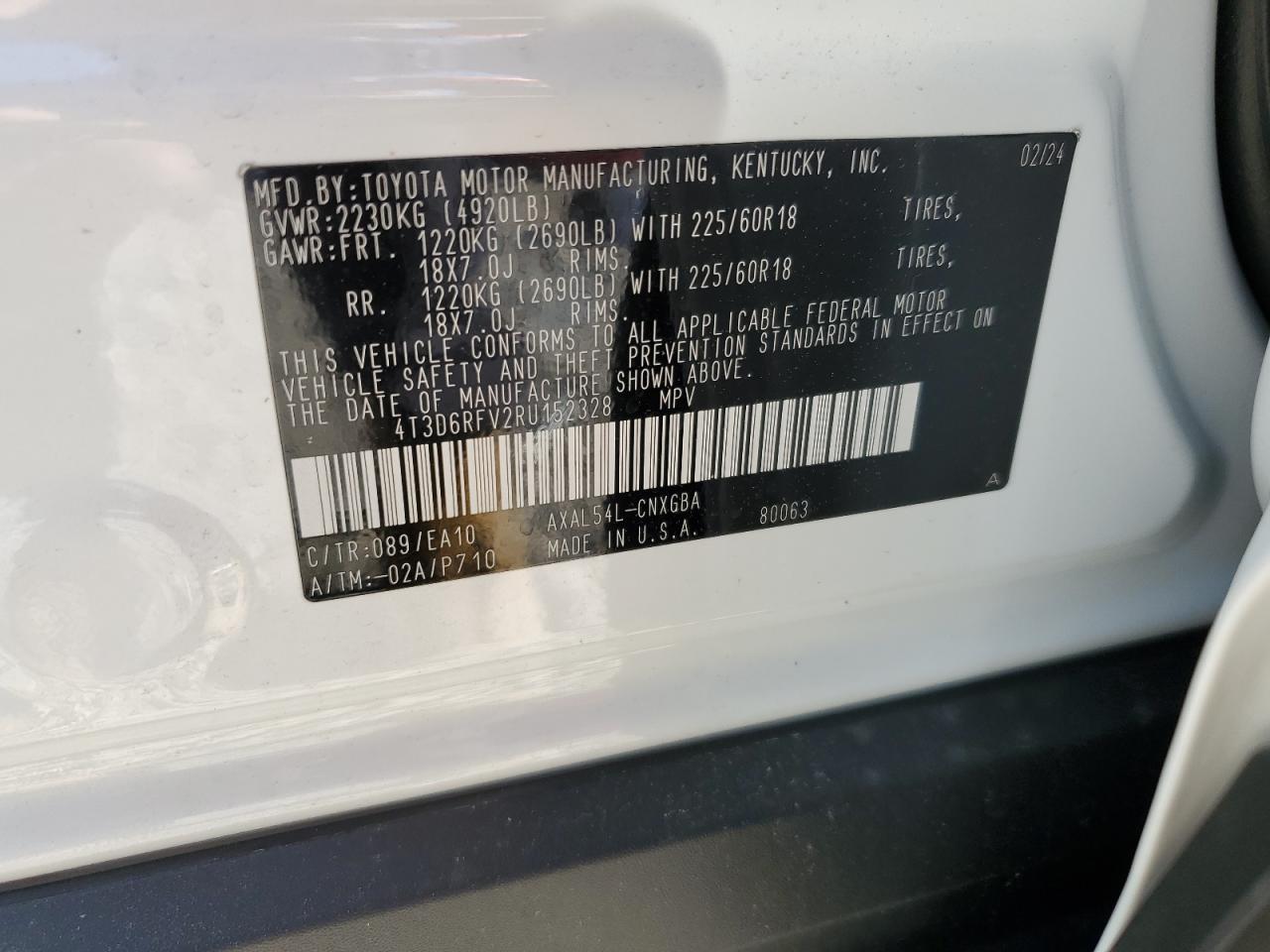 2024 TOYOTA RAV4 LIMITED VIN:4T3D6RFV2RU152328