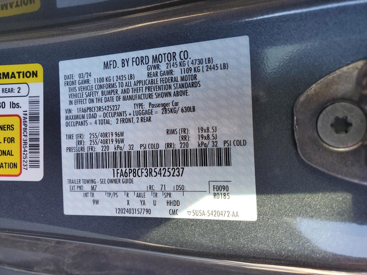2024 FORD MUSTANG GT VIN:1FA6P8CF3R5425237